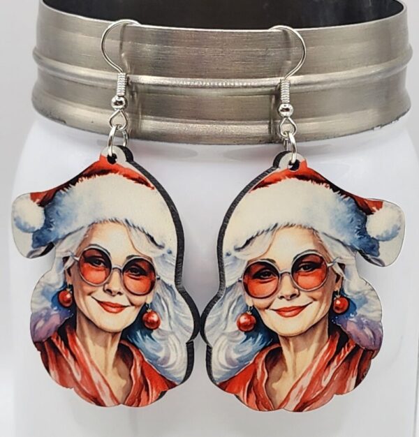 Retro Mrs Claus Earrings Wooden Double Sided Design Handmade Lightweight Hypoallergenic