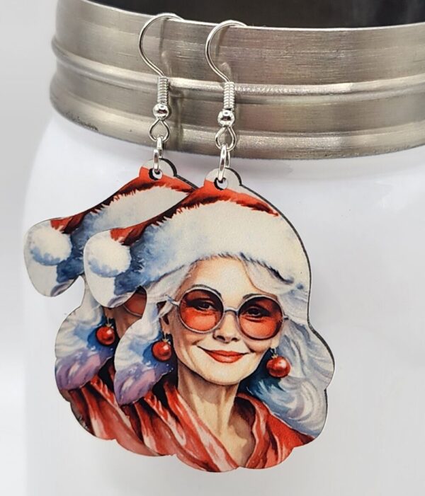 Retro Mrs Claus Earrings Wooden Double Sided Design Handmade Lightweight Hypoallergenic