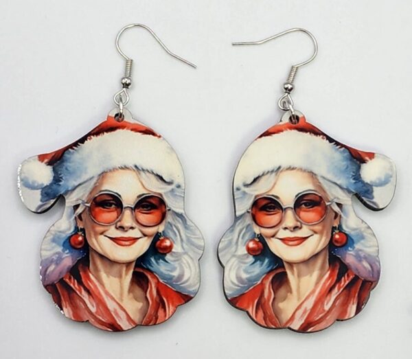 Retro Mrs Claus Earrings Wooden Double Sided Design Handmade Lightweight Hypoallergenic