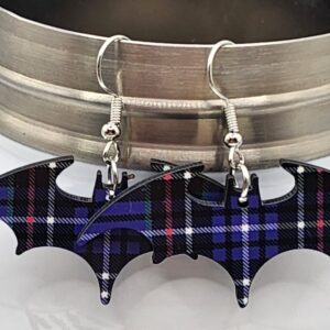 Purple Plaid Bat Earrings Wooden Double Sided Design Lightweight Hypoallergenic