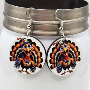 Thanksgiving Funny Turkey Earrings Wooden Double Sided Design Lightweight Hypoallergenic