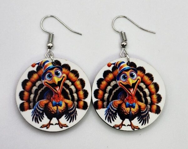 Thanksgiving Funny Turkey Earrings Wooden Double Sided Design Lightweight Hypoallergenic