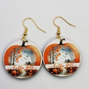 Hello Fall Pumpkin Landscape Earrings Wooden Double Sided Design Lightweight Hypoallergenic