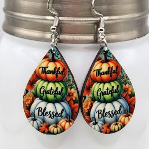 Thankful Grateful Blessed Fall Earrings Pumpkins Leaves Wooden Double Sided Design Lightweight Hypoallergenic