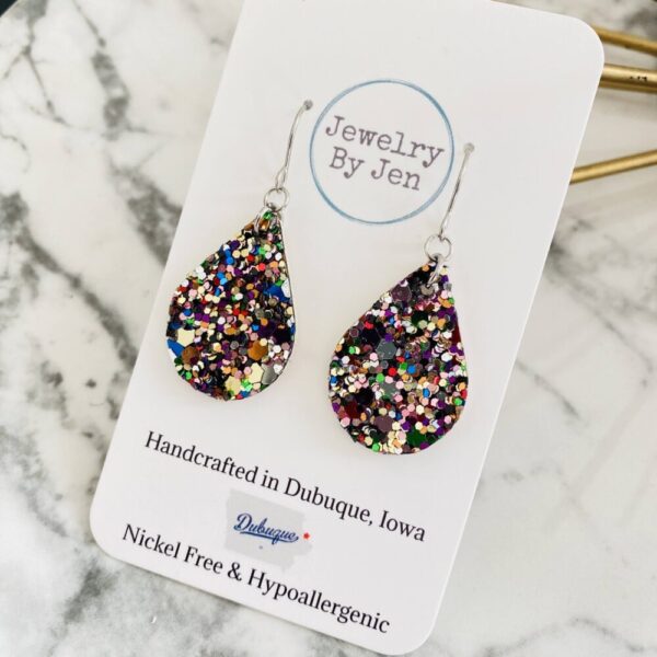 Small Teardrop Earrings: Jewel Tone Glitter