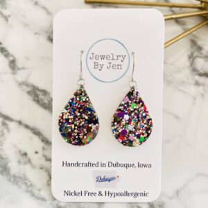 Small Teardrop Earrings: Jewel Tone Glitter