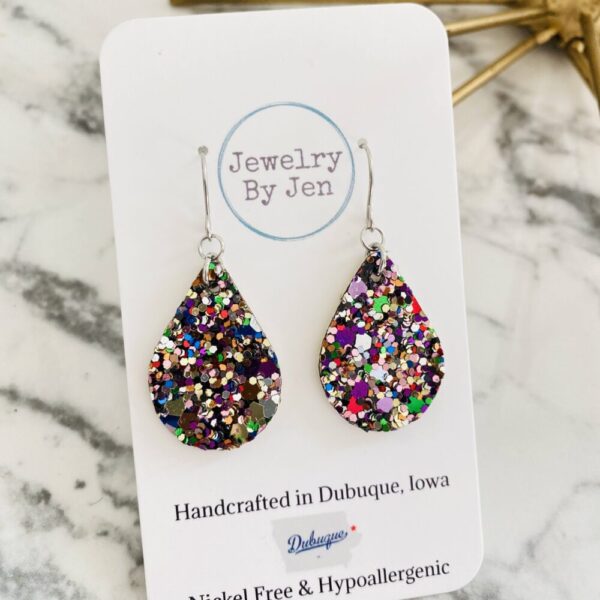 Small Teardrop Earrings: Jewel Tone Glitter