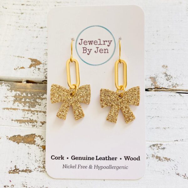 Bow w/Paperclip Charm Earrings: Fine Gold Glitter