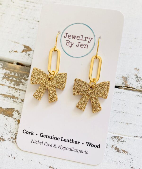 Bow w/Paperclip Charm Earrings: Fine Gold Glitter