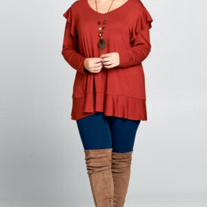 V-Neck Long Sleeve Jersey & Peplum Detail Top – Rust