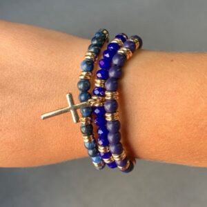 Blue Beaded Cross Bracelet Set