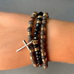 Matte Black and Gold Beaded Cross Bracelet Set