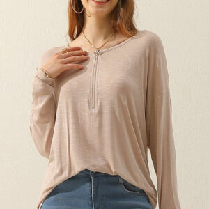 Zip Front V-Neck Long Sleeve Tunic – Taupe