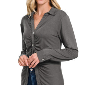 Stretchy Button Down Long Sleeve Shirt With Ruched Detail