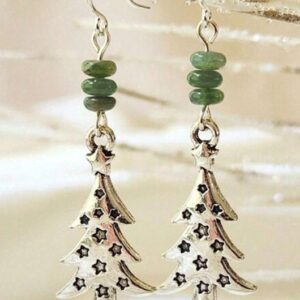 Natural Stone & Metal Christmas Tree Dangle Earrings