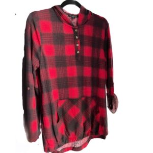 Long Sleeve Hooded Buffalo Plaid Top With Front Pocket – Red/Black