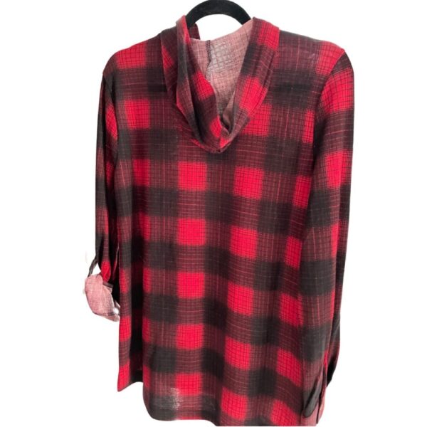 Long Sleeve Hooded Buffalo Plaid Top With Front Pocket – Red/Black