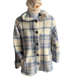 Long Sleeve Hooded Plaid Sherpa Jacket With Pockets – Navy/Gray/Cream