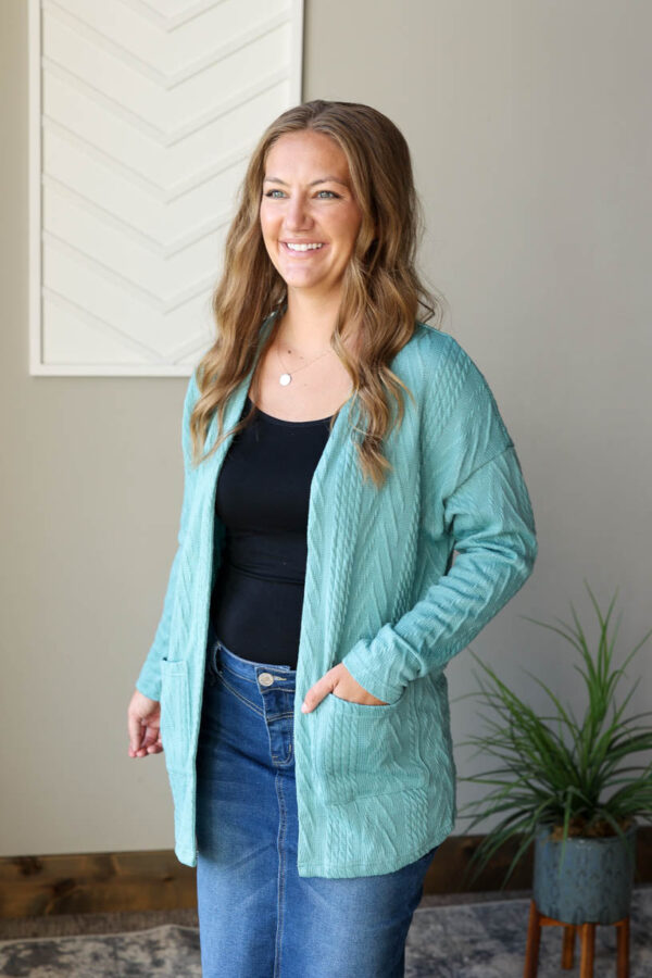 Blue Green Textured Open Front Cardigan