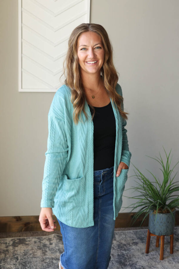 Blue Green Textured Open Front Cardigan