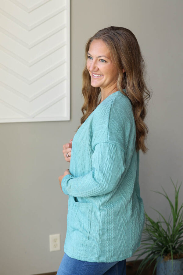 Blue Green Textured Open Front Cardigan