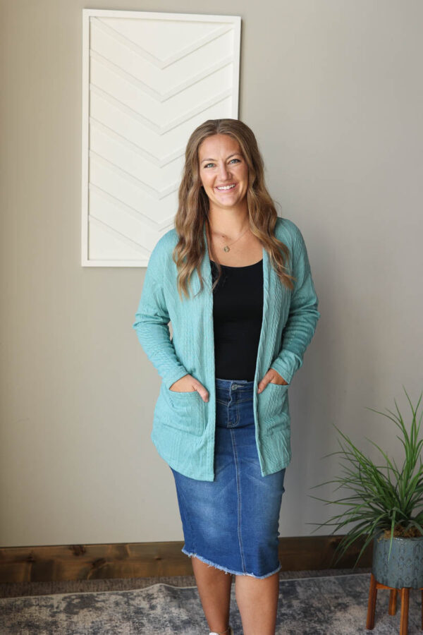 Blue Green Textured Open Front Cardigan