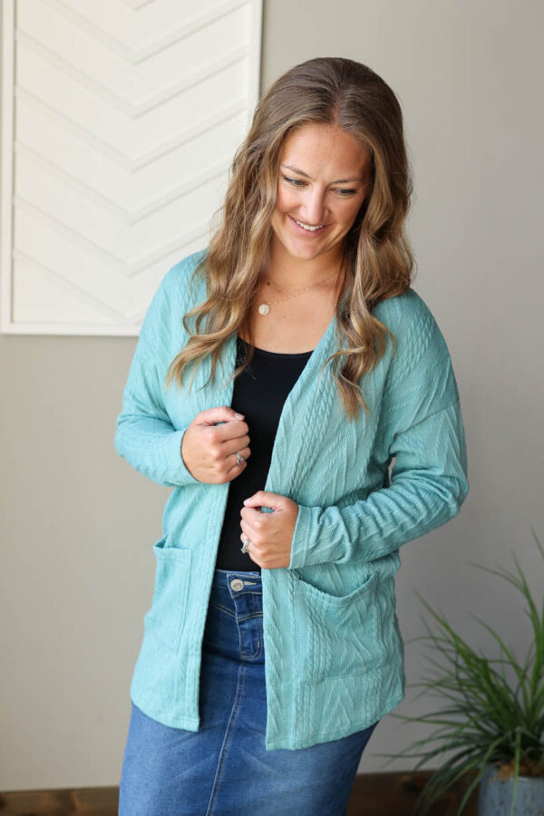 Blue Green Textured Open Front Cardigan