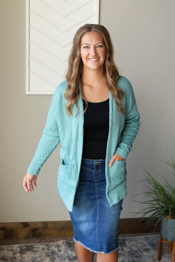 Blue Green Textured Open Front Cardigan