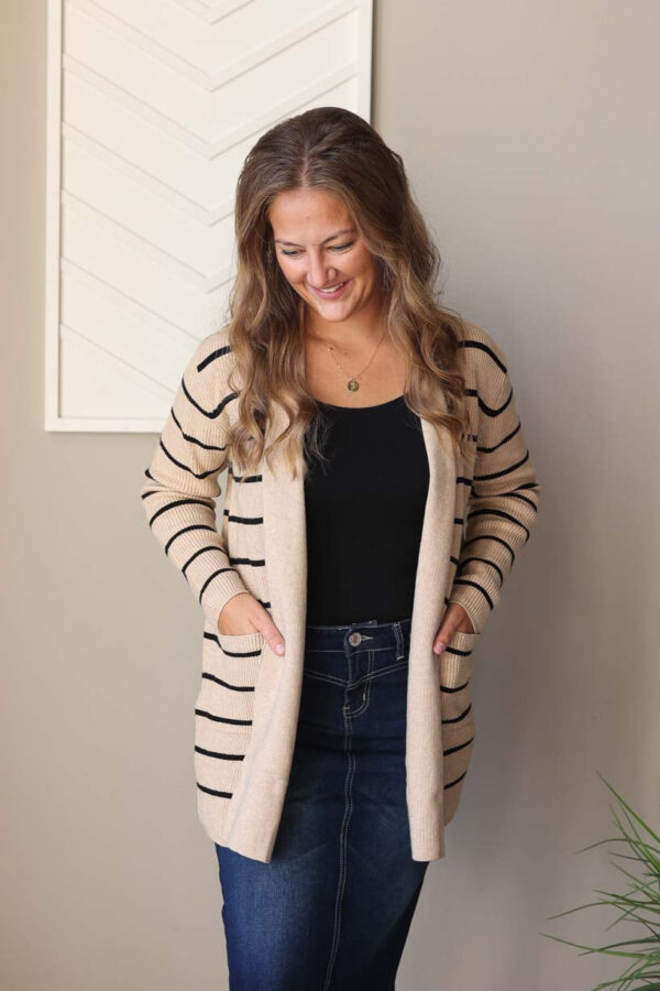 Black Stripe Cardigan With Pockets