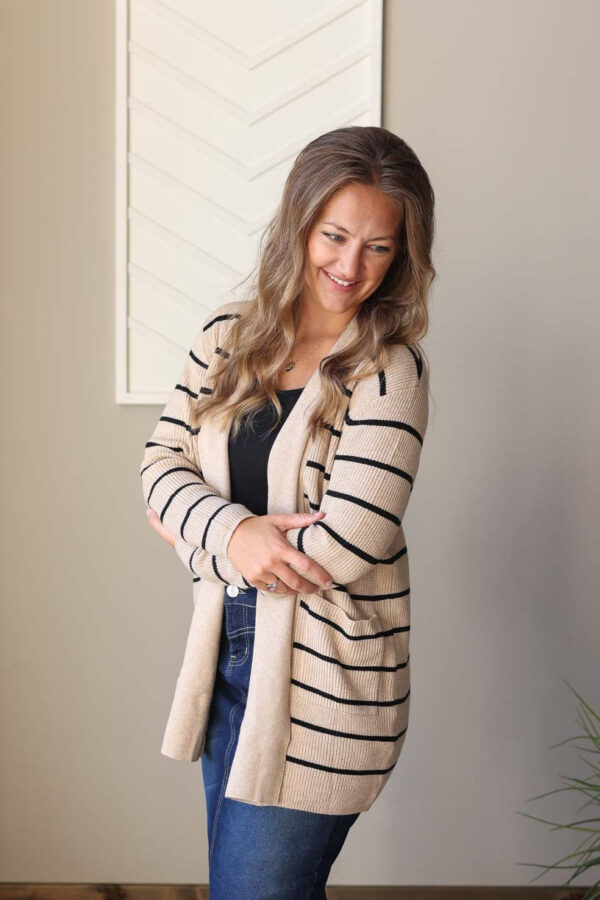 Black Stripe Cardigan With Pockets