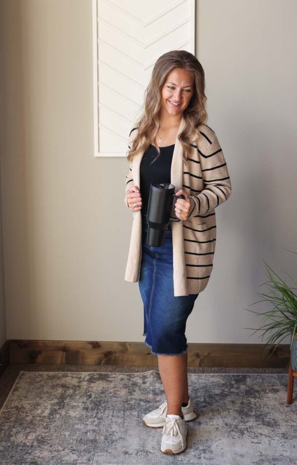 Black Stripe Cardigan With Pockets