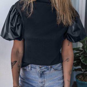 Faux Leather Puff Short Sleeve Mock Neck Blouse