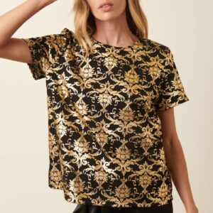 GOLD FOIL DAMASK PRINT SHORT SLV TOP