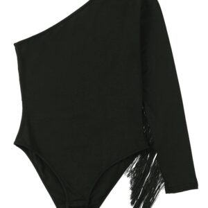 Black One Shoulder Fringed Long Sleeve Bodysuit