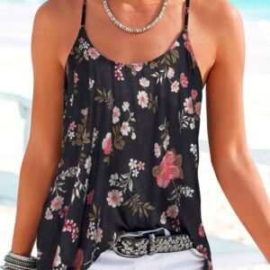 Black Floral Spaghetti Straps Tank Top