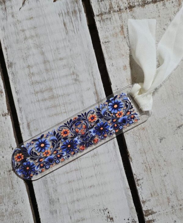 Acrylic Bookmark with Ribbon – Blue Floral