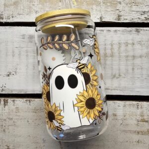 LAST ONE! Boho Ghost Sunflower Floral Can Cup Bamboo Lid and Glass Straw-16oz