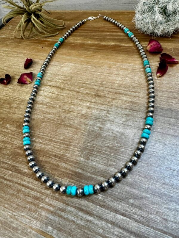 6 mm Sterling Silver Pearls necklace with turquoise rondelles – 23 inch