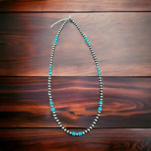 6 mm Sterling Silver Pearls necklace with turquoise rondelles – 23 inch