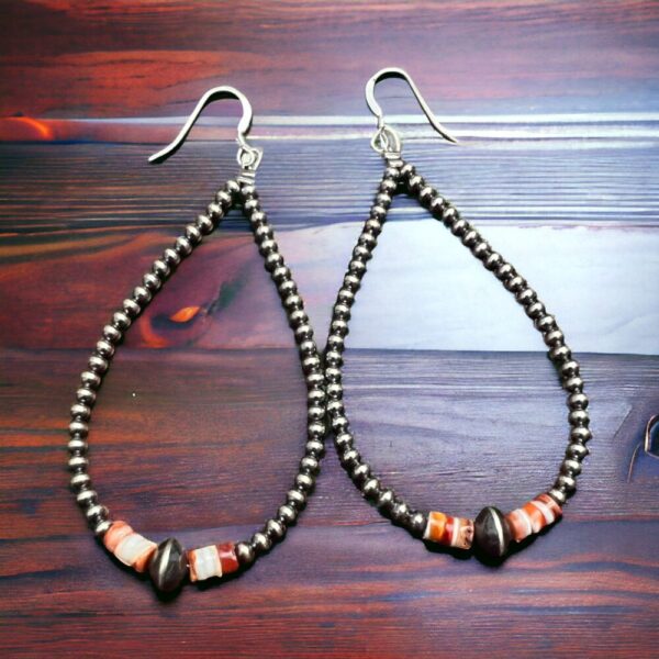 3 mm teardrop Sterling Silver Pearls earrings with orange Spiny Oyster