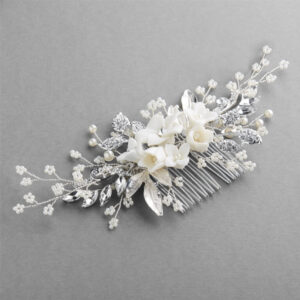 Best Selling Bridal Hair Comb with White Resin Flowers, Crystals and Dainty Pearl Sprays