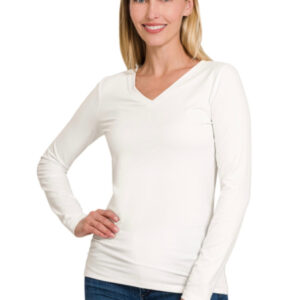 Classic V-Neck Long Sleeve T – White