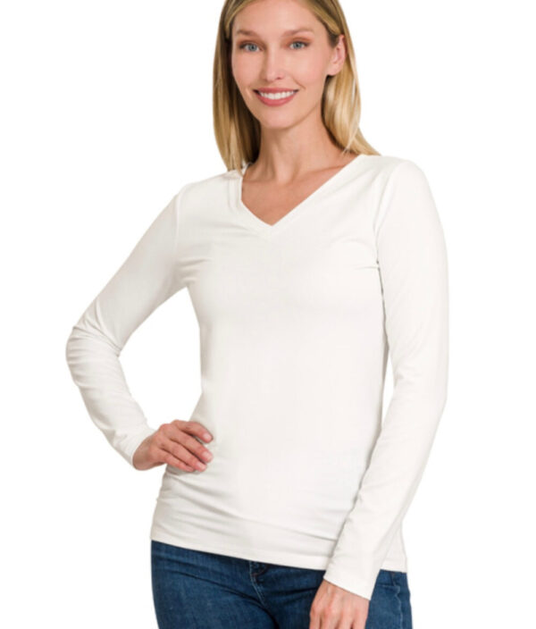 Classic V-Neck Long Sleeve T – White