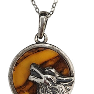 Amber wolf necklace in sterling silver