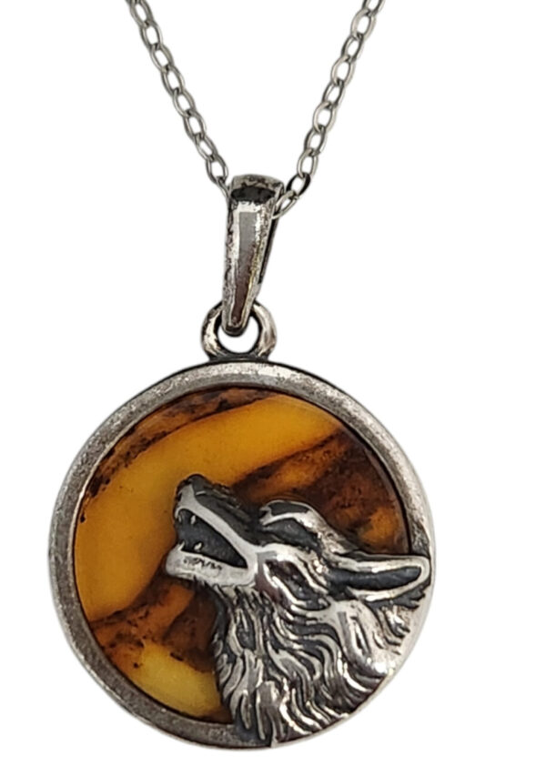 Amber wolf necklace in sterling silver