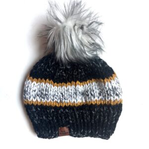 Youth Stripe Knit Pom Hat | Black + Mustard Yellow