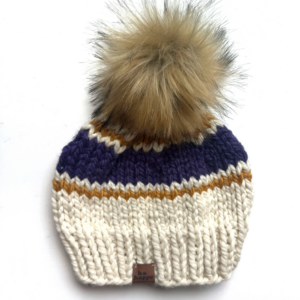 Adult Stripe Knit Pom Hat | Off White + Purple + Mustard Yellow