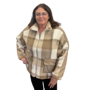 Long Sleeve Plaid Sherpa Jacket With Pockets – Tan/Cream