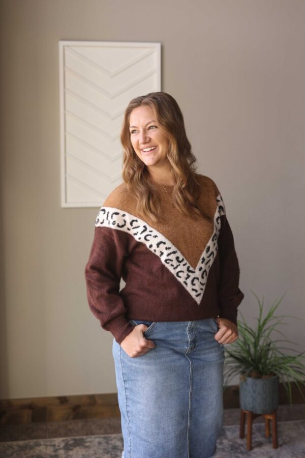 Brown Colorblock Chevron Leopard Sweater • S-2XL PLUS