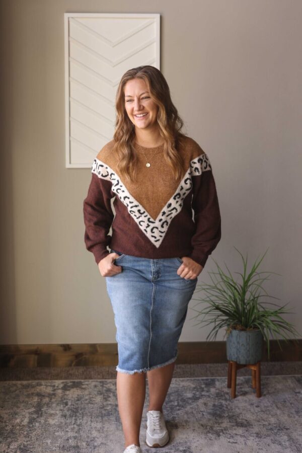 Brown Colorblock Chevron Leopard Sweater • S-2XL PLUS